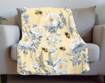 Yellow Floral Bees Sherpa Fleece Blanket | French Country Home Decor | Housewarming Gift For Her | Gift For Bee Lover | Yellow Bee Blanket