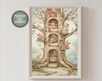 Whimsical Treehouse Cross Section Poster Print, Cottagecore Mouse Family Wall Art