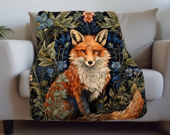 William Morris Inspired Fox Blanket | Fox Decor For Home | Sherpa Fleece Couch Throw Blanket | Unique Gift For Fox Lover | Maximalist Decor