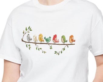 Birdwatching Shirt, Easily Distracted By Birds Cute Bird Lover Gift Tshirt, Faux Embroidery Patchwork Birds On a Branch