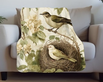 Bird Nest French Country Decor | Bless This Nest Sherpa Fleece Blanket | Farmhouse Decor | Unique Housewarming Gift For Bird Lover