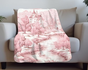 Pink French Country Soft Sherpa Blanket Vintage French Country Decor Pink Toile De Jouy Inspired Throw Blanket Cottage Chic Home Decor Gifts