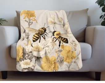 French Country Vintage Bee Sherpa Fleece Blanket | Honey Bee Decor | Apiculture Gift | Unique Gift For Bee Keeper | French Bee Throw Blanket