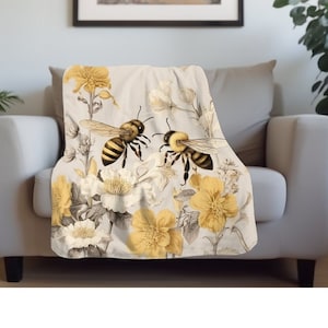 French Country Vintage Bee Sherpa Fleece Blanket | Honey Bee Decor | Apiculture Gift | Unique Gift For Bee Keeper | French Bee Throw Blanket