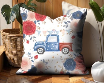 4th Of July Patriotic Vintage Truck Floral Decor Accent Throw Pillow Cover