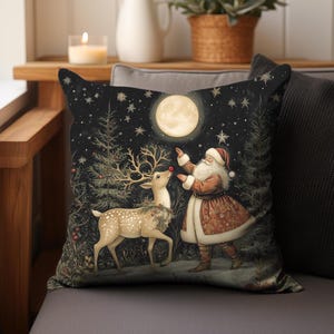Retro Vintage Style Santa and Red Nose Reindeer Christmas Decor Throw Pillow Cover Unique Christmas Holiday Living Room Accent Pillow Case