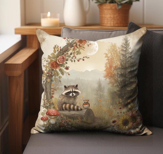 Cottagecore Fall Home Decor Raccoon and Friends Throw Pillow Cover, Woodland Creatures Autumn Seasonal Living Room Accent Pillow Case