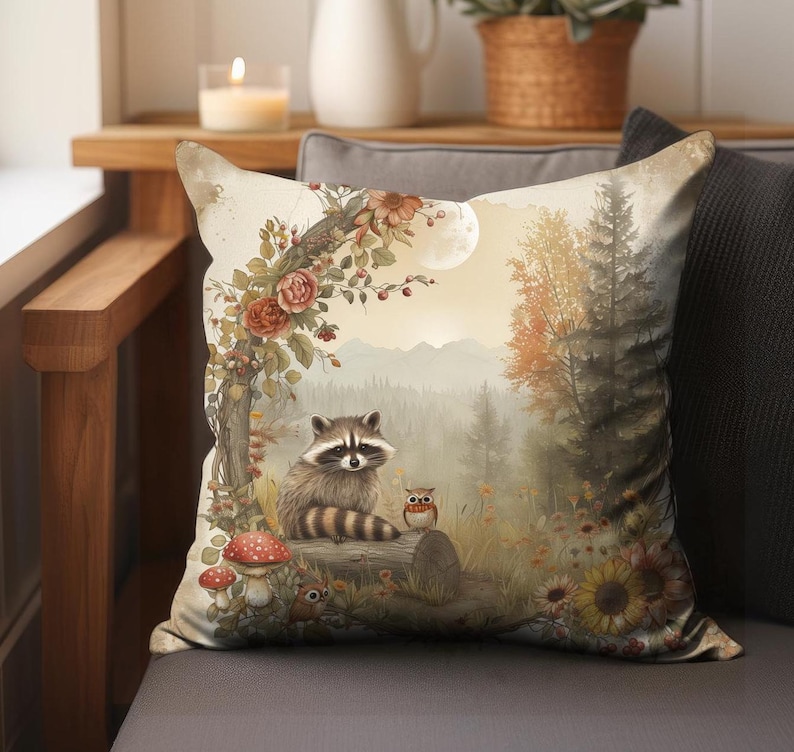 Cottagecore Fall Home Decor Raccoon and Friends Throw Pillow Cover, Woodland Creatures Autumn Seasonal Living Room Accent Pillow Case, fall harvest pillow cover