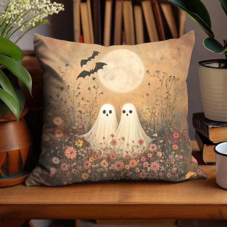 May include: Square decorative pillow featuring a whimsical Halloween scene. Two ghost figures stand in a field of colorful flowers under a full moon, with bats flying above. The pillow has a vintage, painterly style.
