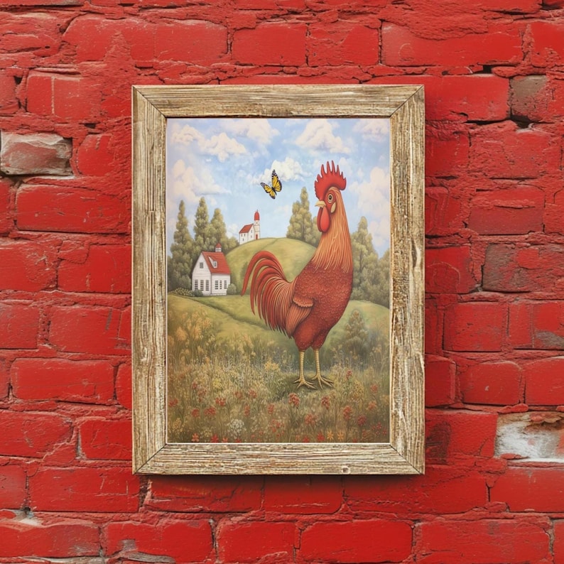 Rhode Island Red Rooster Art Print, Rustic Farmhouse Kitchen Wall Art ...