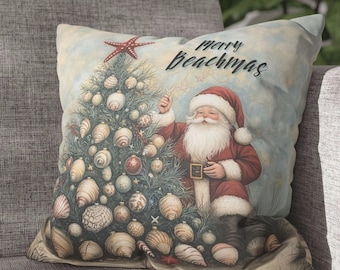 Merry Beachmas Coastal Christmas Decor Throw Pillow Cover, Unique Holiday Beach Shell Tree Santa Christmas Decor Gift Pillow Cushion Cover