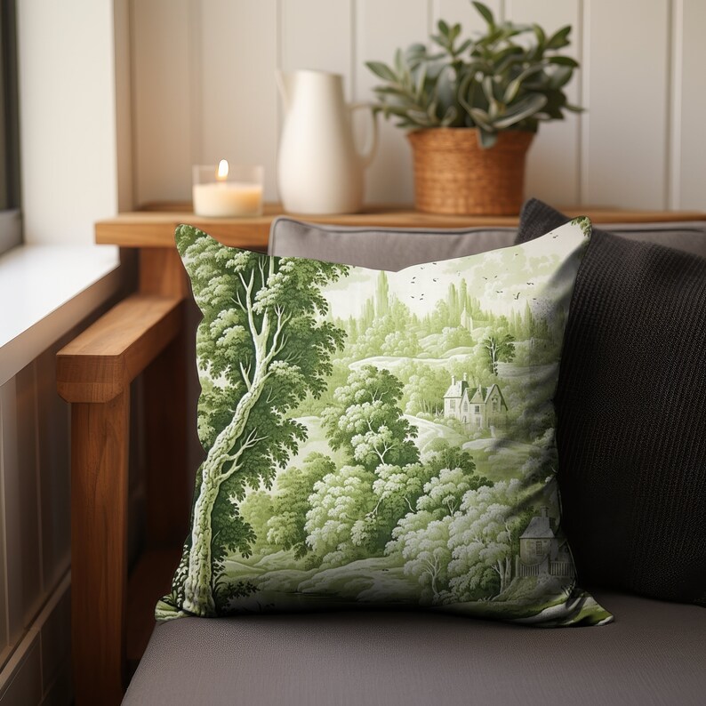 May include: A green and white throw pillow with a vintage illustration of a countryside scene with trees, a house, and a path.