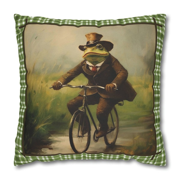 Frog On Bike Printed Pillow Cover Cottagecore Sofa Pillow Case Gift For Women Unique Pillow Cover Whimsical Toad Frog Bicycle Cushion Case