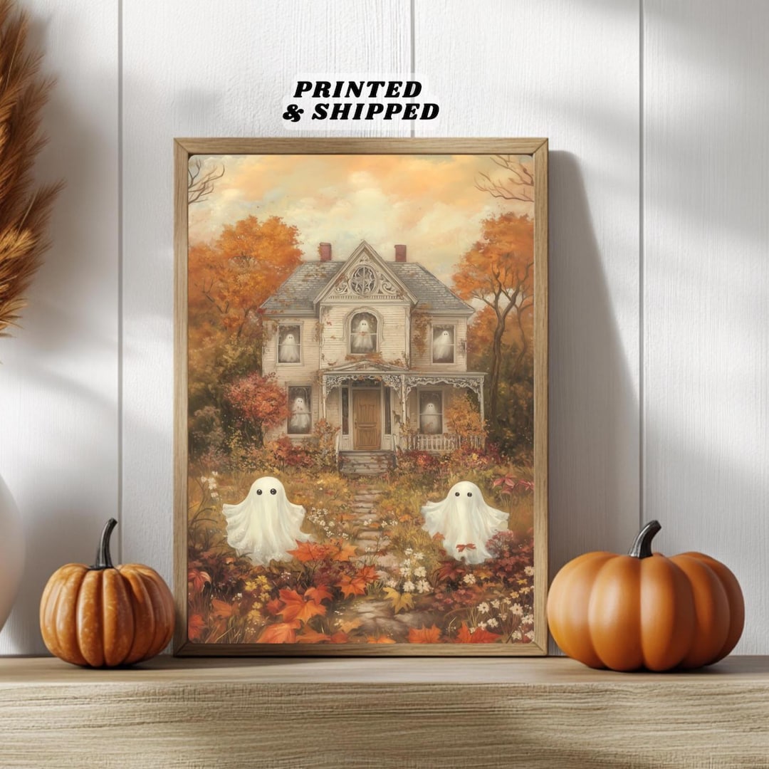 Cute Ghosts Haunted House Poster Wall Art, Whimsical Cottagecore ...