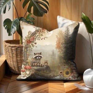 Cottagecore Fall Home Decor Raccoon and Friends Throw Pillow Cover, Woodland Creatures Autumn Seasonal Living Room Accent Pillow Case, Cottagecore Fall Pillow