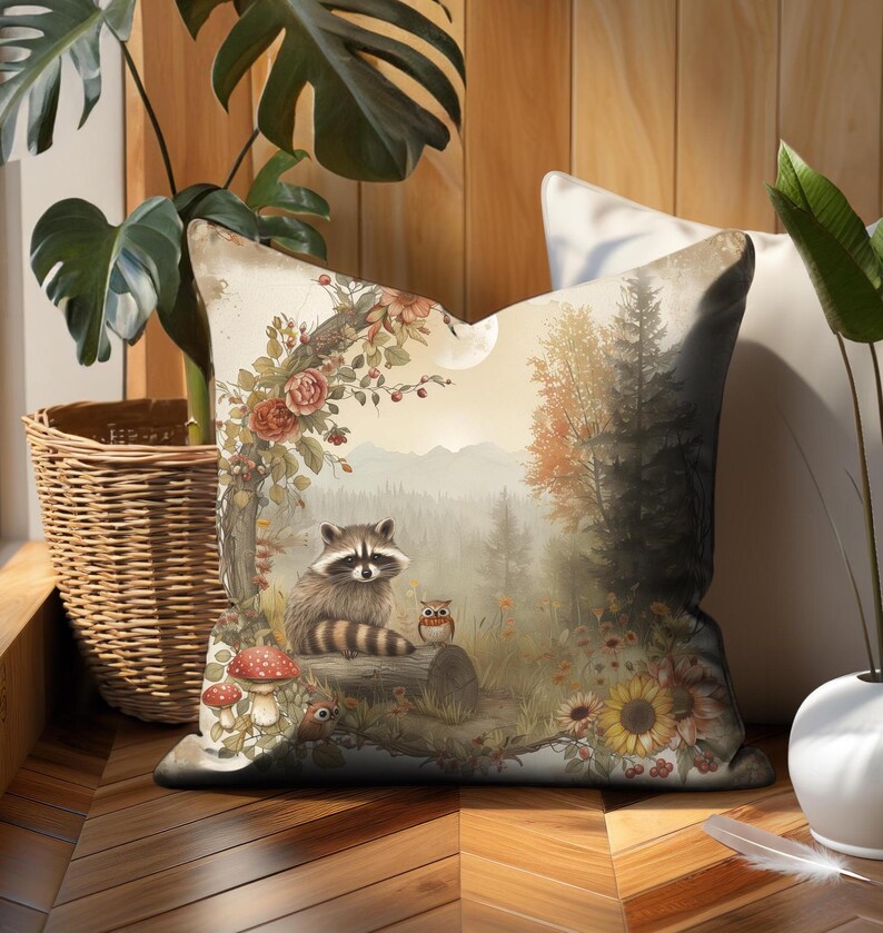 Cottagecore Fall Home Decor Raccoon and Friends Throw Pillow Cover, Woodland Creatures Autumn Seasonal Living Room Accent Pillow Case, Cottagecore Fall Pillow