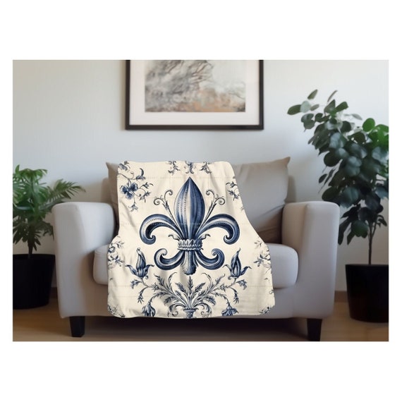 French Country Sherpa Fleece Blanket Fleur De Lis Throw Blanket French Country Home Decor Unique Housewarming Gift Blue Fleur De Lis