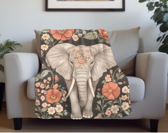 Boho Floral Peach Orange Elephant Soft Blanket Gift 50x60 60x80 Sizes