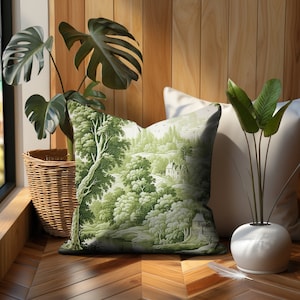 French Country Cottage Green Toile Pillow Cover, Shabby Green Accent Pillow Case, French Country Toile De Jouy Cottage Green Throw Pillow