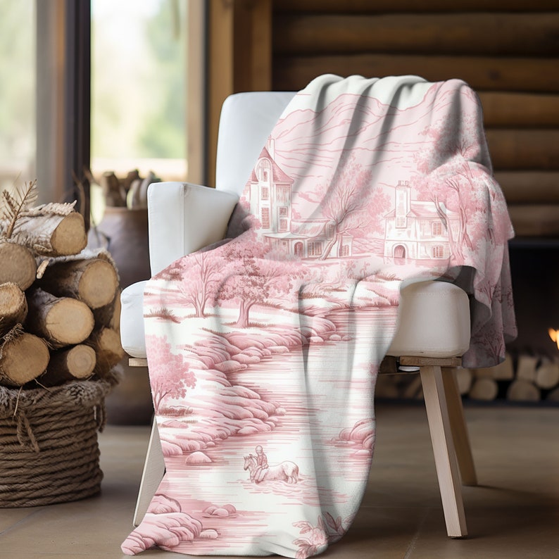 Pink French Country Soft Sherpa Blanket Vintage French Country Decor Pink Toile De Jouy Inspired