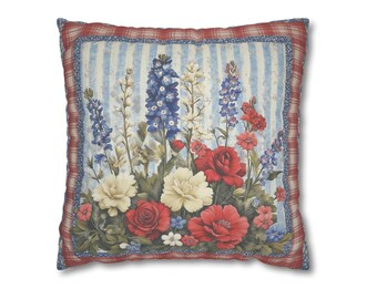 Americana Red White Blue Floral Blue Stripe Vintage Style Patriotic Throw Pillow Cushion Covers