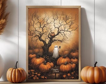 Halloween Cottagecore Ghost Pumpkin Patch Wall Art, New England Fall Cute Ghost Selfie Art Print, Halloween Home Decor Unframed Poster Art