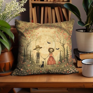 Halloween Skeleton Cottagecore Decor Throw Pillow Cover, Halloween Lover Gift, Spooky Vintage Style Halloween Accent Pillow Cushion Cover