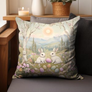 Easter Decorative Pillow Cover Home Decor Gift, Unique Easter Decor Throw Pillow Cover, Spring Mountain Pastel Floral Easter Bunny Rabbits