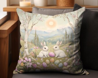 Easter Decorative Pillow Cover Home Decor Gift, Unique Easter Decor Throw Pillow Cover, Spring Mountain Pastel Floral Easter Bunny Rabbits