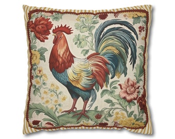 French Country Rooster Pillow Cover Decor Yellow Ticking Fabric Floral Sofa Pillow Case Gift For Women Unique Pillow Cover Farmhouse Decor