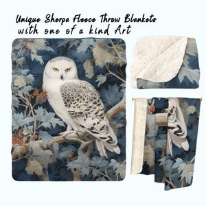 May include: A white snowy owl with black markings perched on a branch with blue and green leaves. The owl is looking to the left. The background is a dark blue with white flowers.