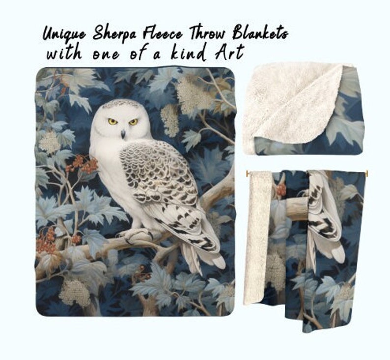 May include: A white snowy owl with black markings perched on a branch with blue and green leaves. The owl is looking to the left. The background is a dark blue with white flowers.