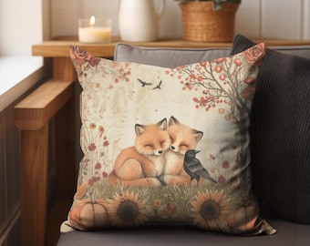 Autumn Cottagecore Home Decor Foxes Throw Pillow Cover, Fall Woodland Fox Living Room Accent Pillow Cushion Case, Gift For Nature Lovers