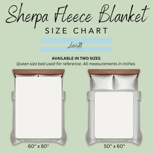 May include: Size chart for a sherpa fleece blanket, showing two sizes: 60 inches by 80 inches and 50 inches by 60 inches. A queen size bed is used for reference.
