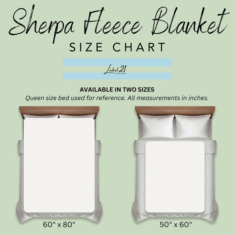 May include: Size chart for a sherpa fleece blanket, showing two sizes: 60 inches by 80 inches and 50 inches by 60 inches. A queen size bed is used for reference.