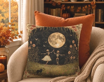 Dancing Skeletons Halloween Pillow Cover: Spooky Harvest Moon Decor