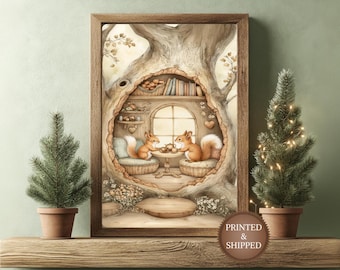 May include: A framed print depicts two squirrels in a cozy tree hollow, seated at a table. The artwork features a warm color palette with details like books, a window, and decorative elements. Two small potted Christmas trees flank the print.