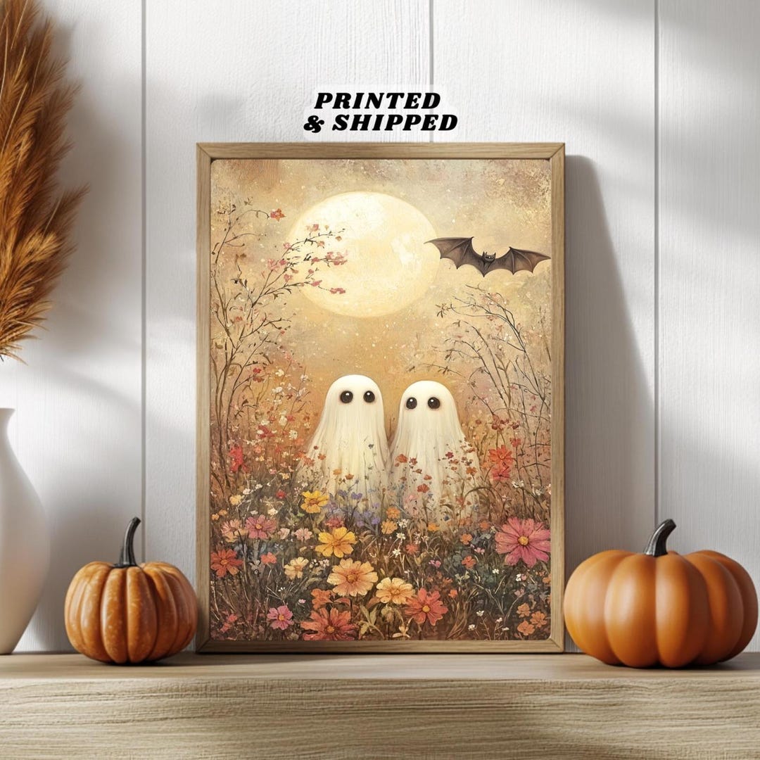 Cute Ghost Wildflower Poster Wall Art, Whimsical Cottagecore Ghost in ...