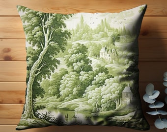 French Country Cottage Green Toile Soft Pillow Cover, Shabby Chic Green Accent Pillow Cover, Unique Housewarming Gift, French Country Decor