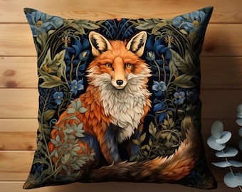 Forest Fox Pillow Cover William Morris Inspired Cushion Whimsical Fox Floral Garden Retro Charm Home Decor Country Farmhouse Soft Pillow