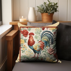 May include: A decorative throw pillow with a colorful rooster illustration surrounded by floral designs. The rooster is red, blue, yellow, and green. The flowers are red, yellow, and green. The pillow is white with a red and gold border.