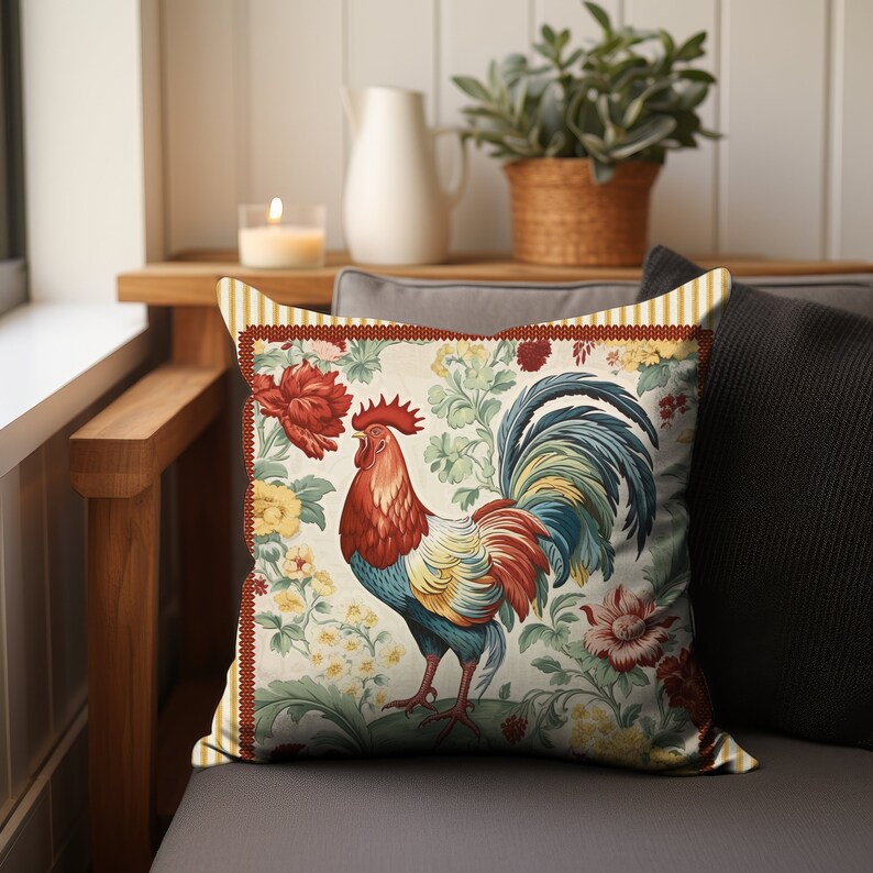 May include: A decorative throw pillow with a colorful rooster illustration surrounded by floral designs. The rooster is red, blue, yellow, and green. The flowers are red, yellow, and green. The pillow is white with a red and gold border.
