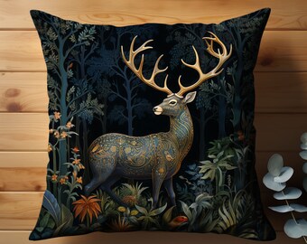 Deer Throw Pillow Cover, William Morris Inspired Stag Pillow Cover, Lodge Decor, Rustic Cabin Decor, Unique Gifts For Deer Hunter, Deer Stag