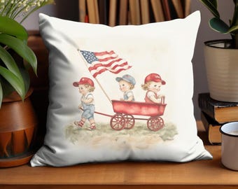 Patriotic Americana Vintage Children Red Wagon Indoor Outdoor Cushion Covers