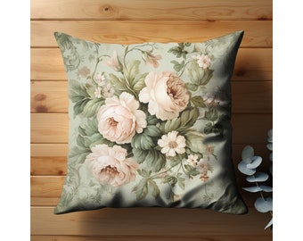 Floral Pillow Cover: Green & Pink French Country Cottage Decor
