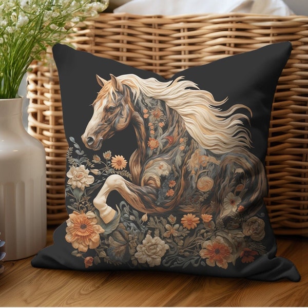 Horse Accent Toss Pillow Slip Cover, Bohemian Artsy Wildlife Floral Equine Home Decor, Boho Flowers Unique Housewarming Gift For Horse Lover