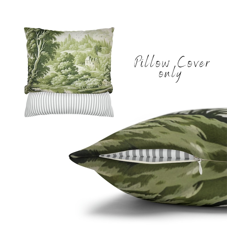 May include: A green and white pillow cover with a scenic landscape print. The pillow cover has a zipper closure and a striped inner lining. Pillow cover only.
