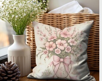 Pink Floral Coquette Style Pillow Cover, Pink Bow French Decor Gift Accent Girly Pillow Cover, Feminine Home Decor Throw Pillow Covers