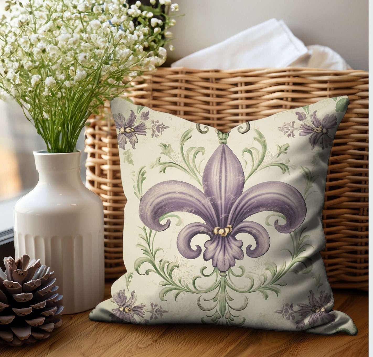 French Country Farmhouse Purple and Green Fleur De Lis Indoor Throw Pillow Cover Fleur De Lis Cajun Mardi Gras Louisiana Decor Gift for Her Etsy