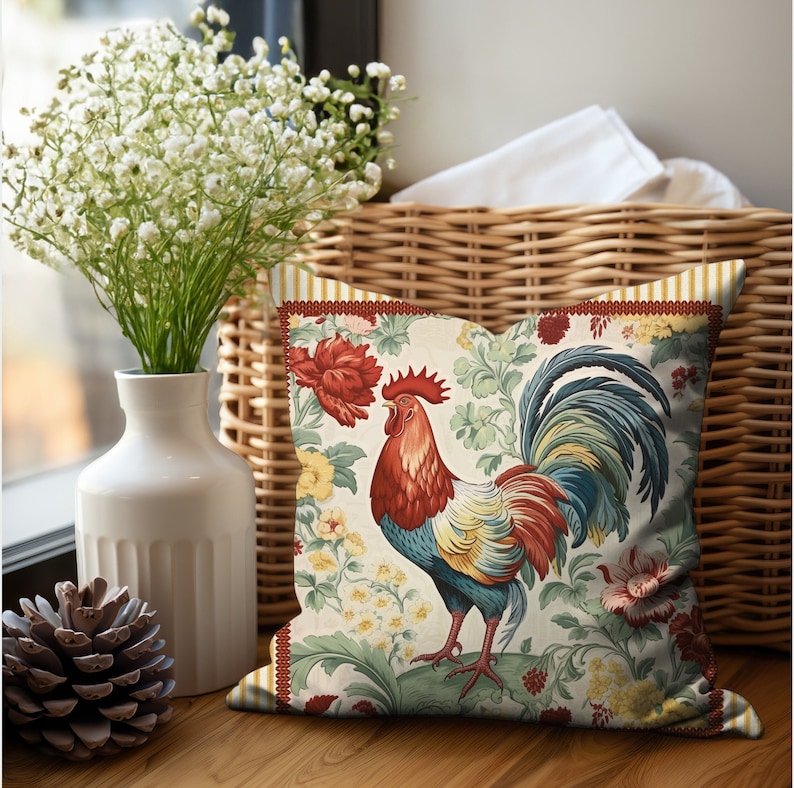 french country rooster pillow cover decor yellow ticking fabric floral sofa pillow case gift for women unique pillow cover farmhouse decor yellow ticking floral rooster farmhouse country vintage